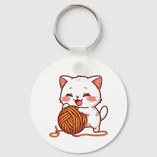 Kawaii White Kitten with Woolen Ball Keychain Nyckelring (Framsida)