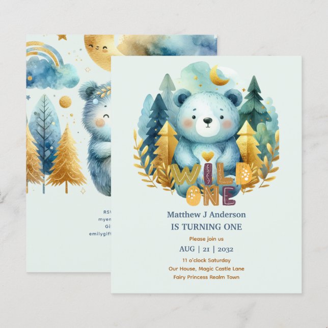 Kawaii WILD ONE 1:a födelsedags pojkar BEAR Woodla (Fram/baksida)