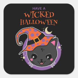 Kawaii Witch Cat Halloween Fyrkantigt Klistermärke