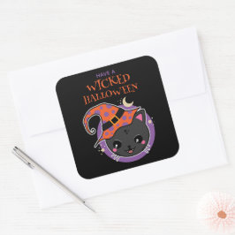 Kawaii Witch Cat Halloween Fyrkantigt Klistermärke