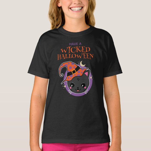 Kawaii Witch Cat Halloween T Shirt (Framsida)