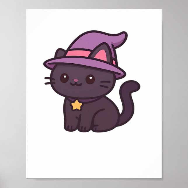 Kawaii Witch Cat in Lila Hat Classic T-Shirt Poster (Framsidan)