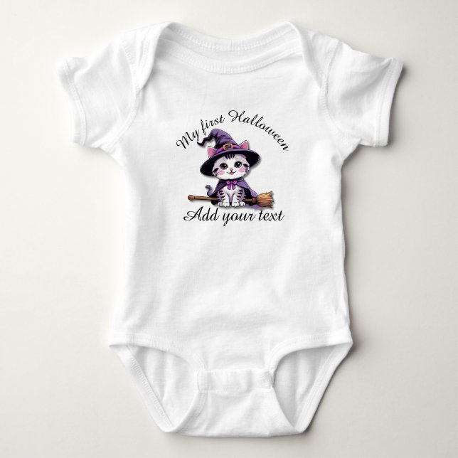 Kawaii Witch Kitten – Baby Halloween Bodysuit T Shirt (Framsida)