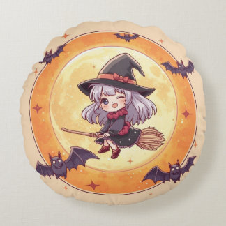 Kawaii Witch Round Pillow  Rund Kudde