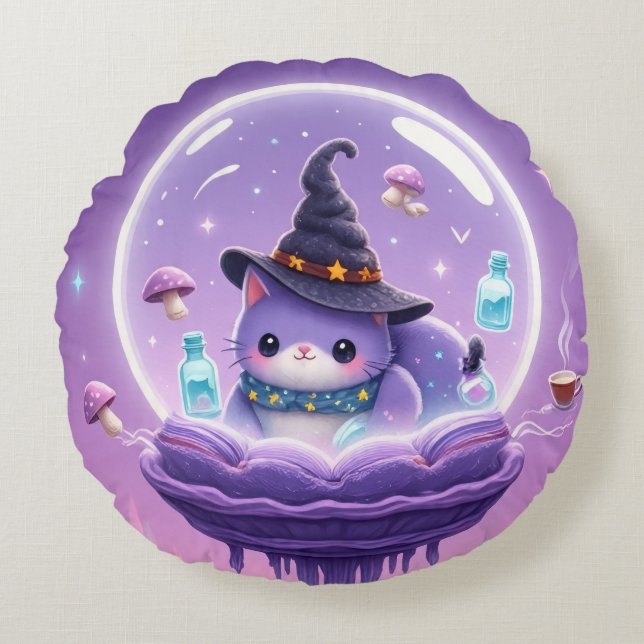 Kawaii Witch Snow Globe Round Pillow Rund Kudde (Framsidan)