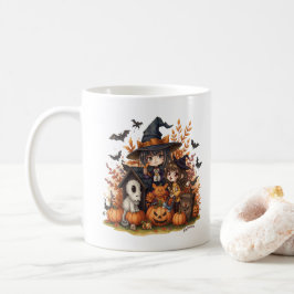 Kawaii Witches with Ghost Puppy and Pumpkins Kaffemugg