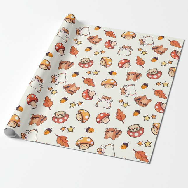 Kawaii Woodland Animals och Mushroom Mönster Presentpapper (Utrullad)
