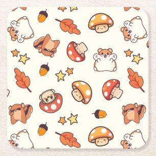 Kawaii Woodland Animals och Mushroom Mönster Underlägg Papper Kvadrat