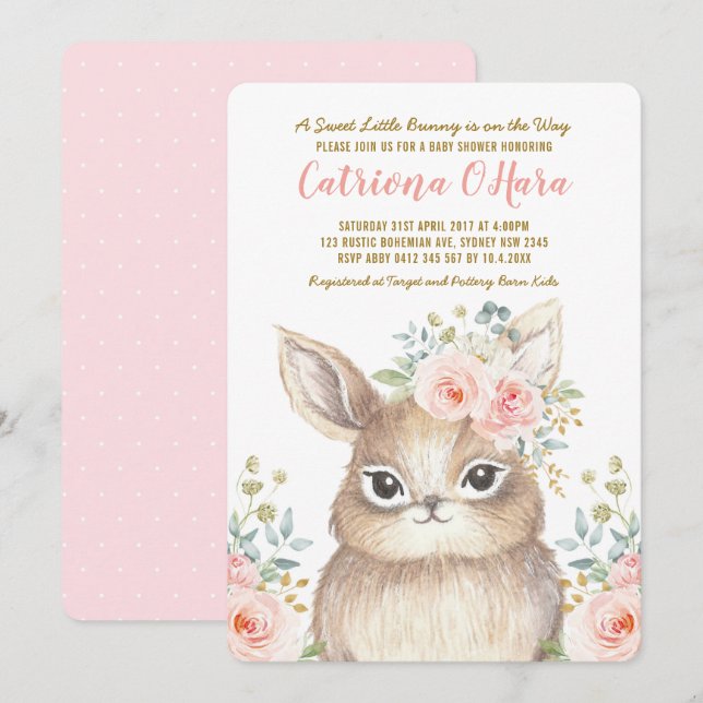 Kawaii Woodland Bunny Rosa Blommigt Girl Baby Show Inbjudningar (Fram/baksida)