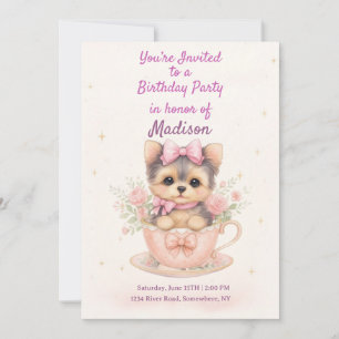 Kawaii Yorkie Teacup Flickas Födelsedagsinbjudan Inbjudningar