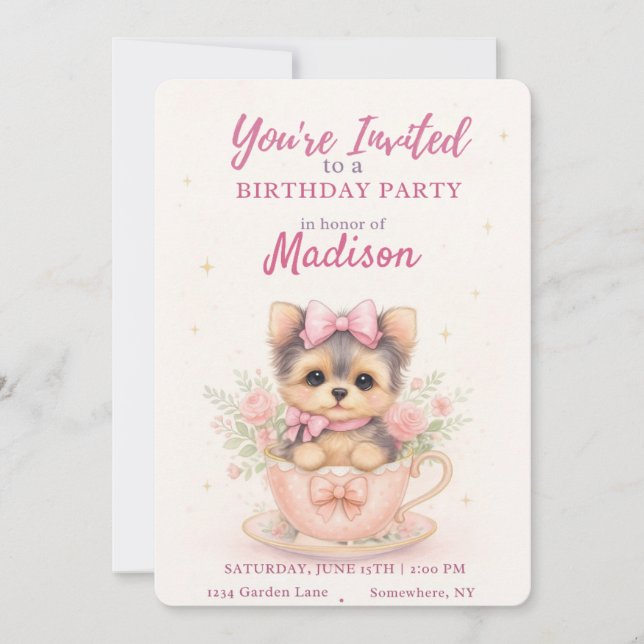 Kawaii Yorkie Teacup Girl’s Birthday Invitation (Framsida)