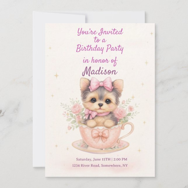 Kawaii Yorkie Teacup Girl’s Birthday Invitation Inbjudningar (Framsida)
