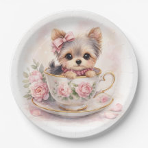 Kawaii Yorkie Tekopps Födelsedagspapperstallrikar