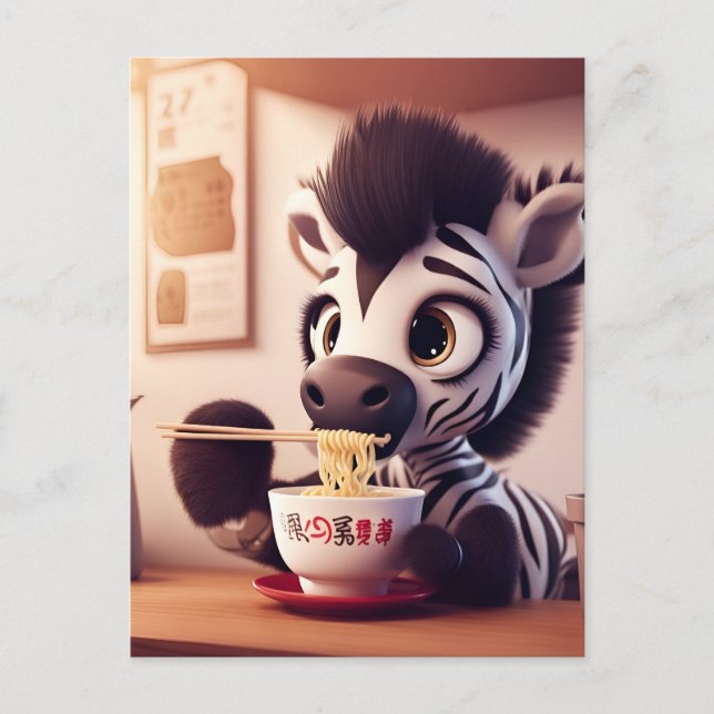 Kawaii Zebra Eating Ramen Vykort (Framsida)