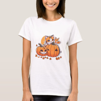 Kawaiikatter leker med en liten pumpa,Halloween T Shirt