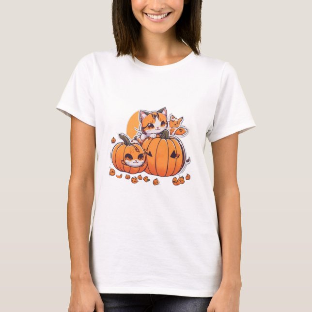 Kawaiikatter leker med en liten pumpa,Halloween T Shirt (Framsida)