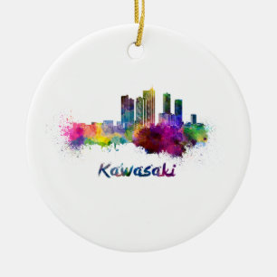Kawasaki skyline i vattenfärg julgransprydnad keramik