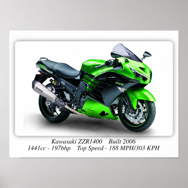 Kawasaki ZZZR1400 Motorcykel - A3 Poster (Framsidan)