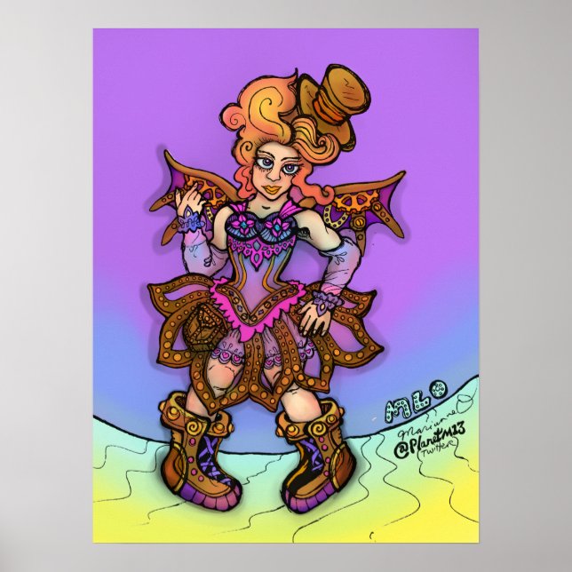 Kaxig Steampunkdam med toppmössa och vingar Konst Poster (Framsidan)
