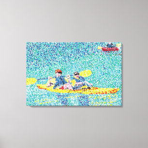 Kayak flod scen i pointillism, inslagen duk canvastryck