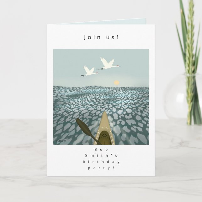 Kayak i vatten med kranar som flyger över inbjudan (Framsida)