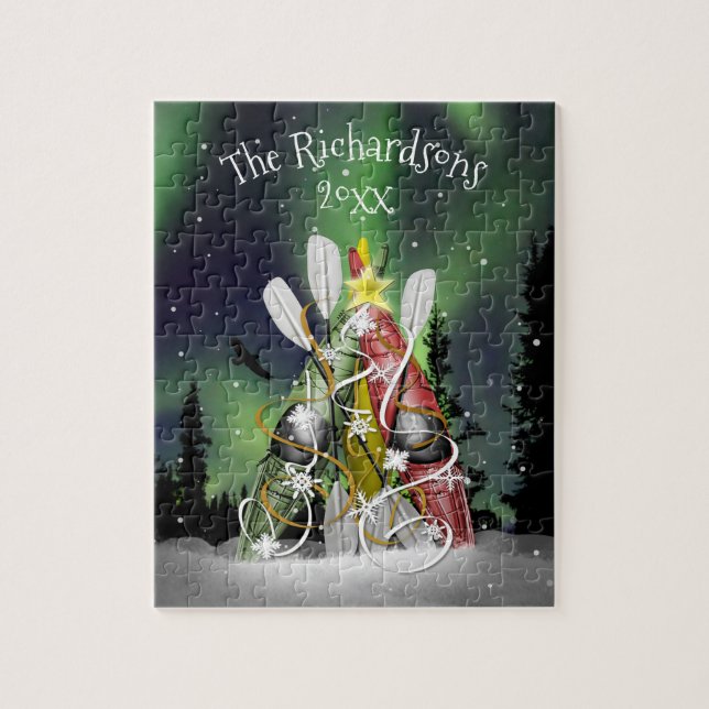 Kayak Julgran Aurora Borealis-familjen namn Pussel (Vertikal)