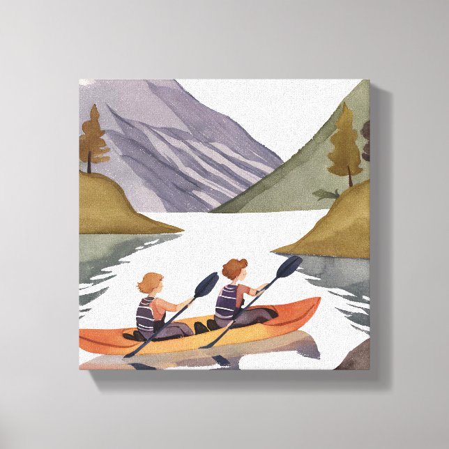 Kayak Ride på Sjö | Vattenfärg i bergsområden Canvastryck (Framsida)