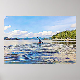 Kayaker på den fridfulla sjöaffischen poster