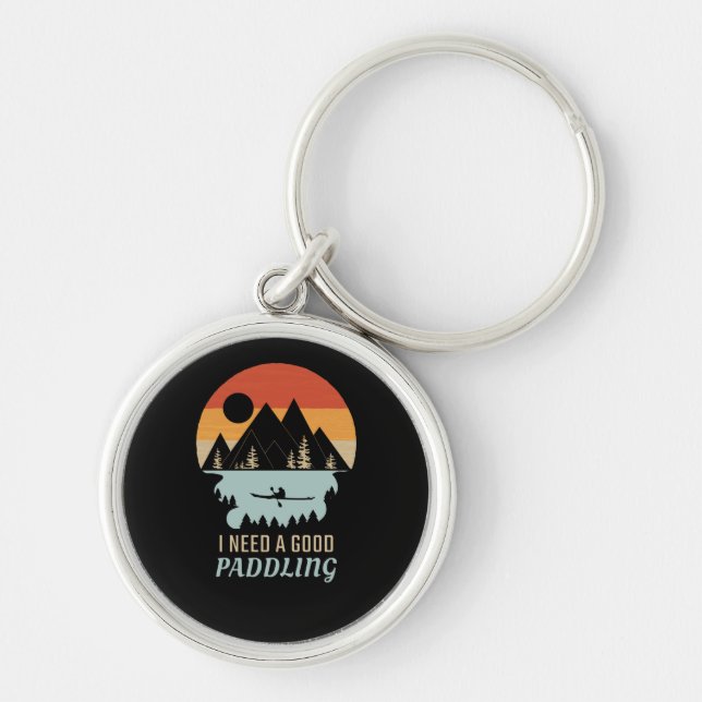 Kayaking Mountains Retro Rund Silverfärgad Nyckelring (Framsidan)