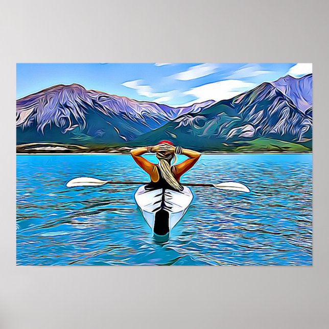 Kayaking på oceanen vid bergens Poster (Framsidan)