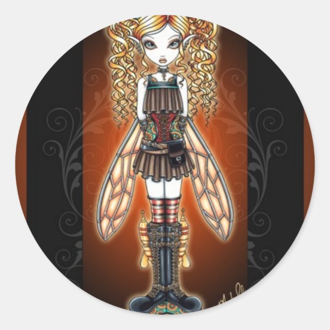 "Kayla" Steampunk Fairy Stickers Runt Klistermärke (Framsida)