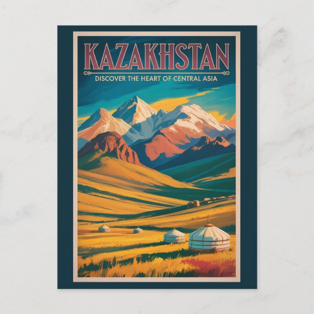 Kazakhstan Steppes Illustration Travel Art Vintage Vykort (Framsida)