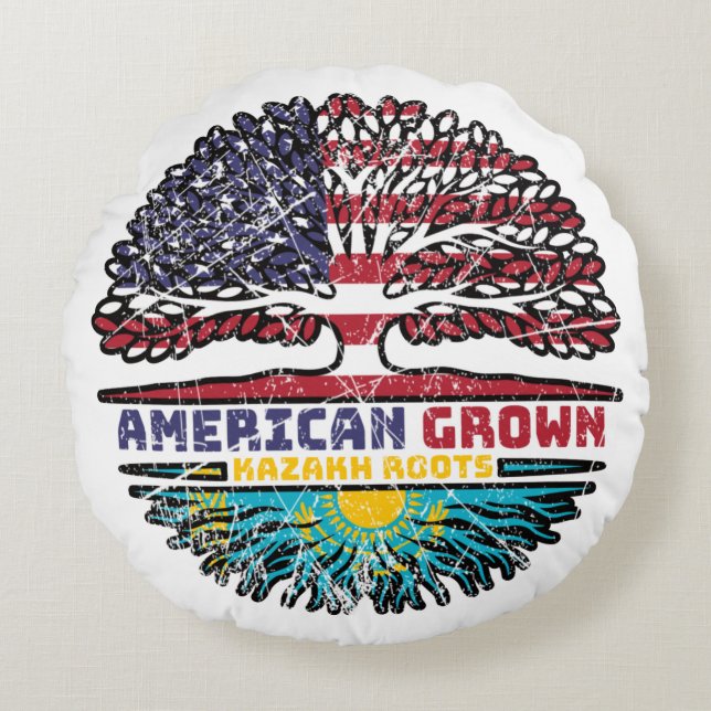 Kazakstan Amerikanska USA Träd Roots Flagga Rund Kudde (Framsidan)