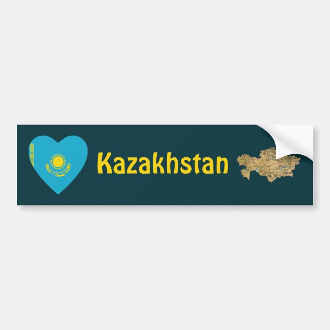 Kazakstan Flagga Heart + Karta Bumper Sticker Bildekal (Framsidan)