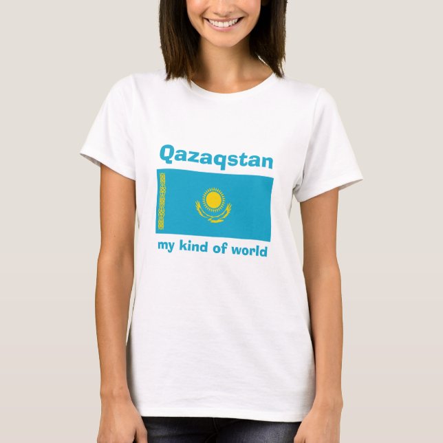 Kazakstan Flagga + Karta + text T-skirt Tee Shirt (Framsida)