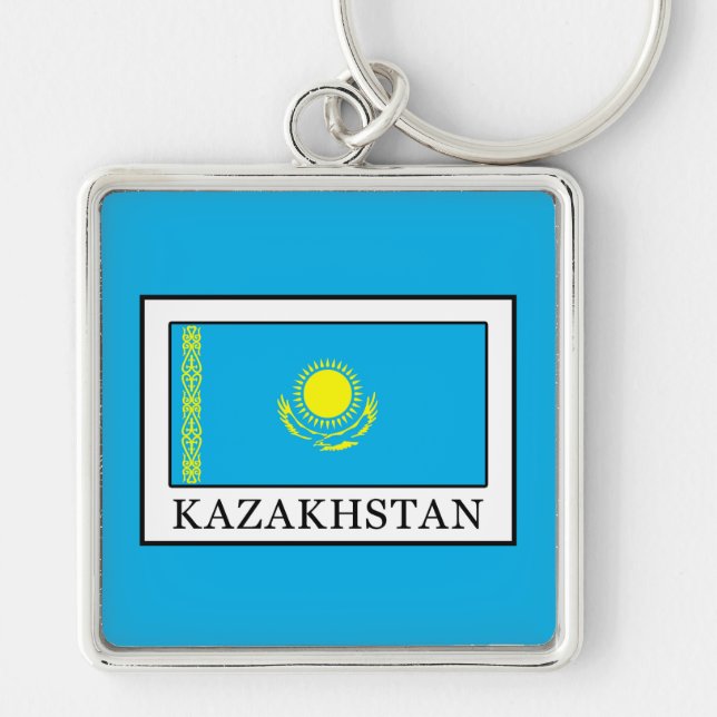 Kazakstan Fyrkantig Silverfärgad Nyckelring (Framsidan)