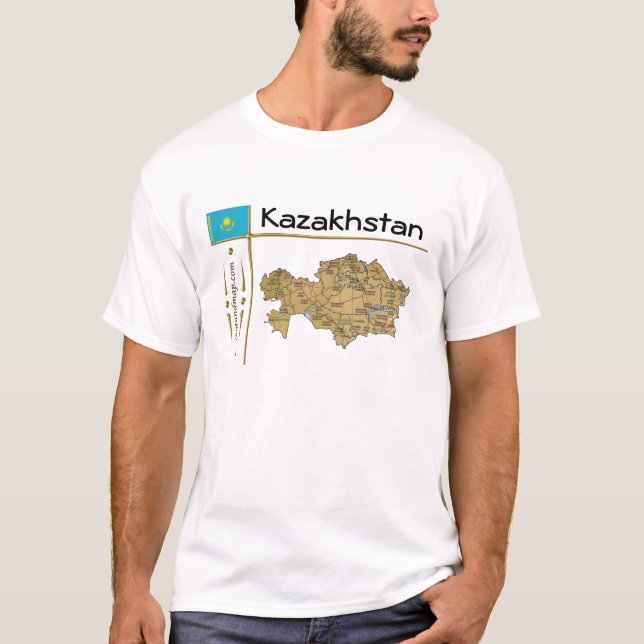 Kazakstan Karta + Flagga + avdelning T-Shirt (Framsida)