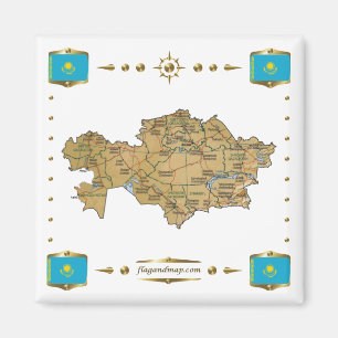 Kazakstan Karta + Flaggor Magnet