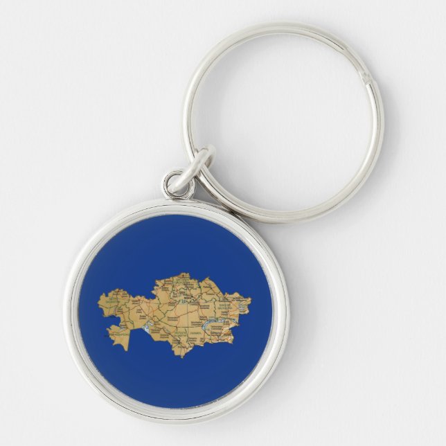 Kazakstan Karta Keychain Rund Silverfärgad Nyckelring (Framsidan)