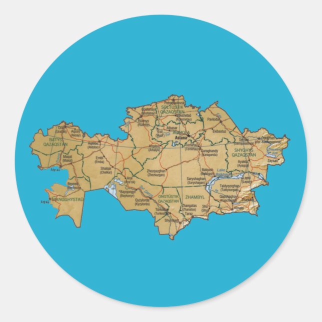 Kazakstan Karta Sticker Runt Klistermärke (Framsida)