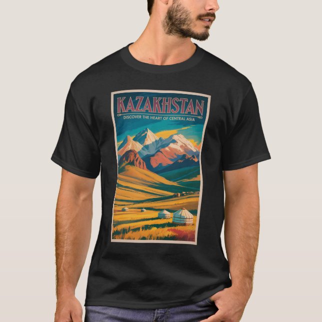 Kazakstan Stäpper Illustration Resa Konst Vintage T Shirt (Framsida)