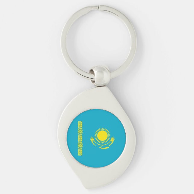 Kazakstans flagga swirl silverfärgad nyckelring (Framsidan)