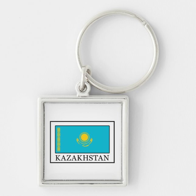 Kazakstans nyckelkedja fyrkantig silverfärgad nyckelring (Framsidan)