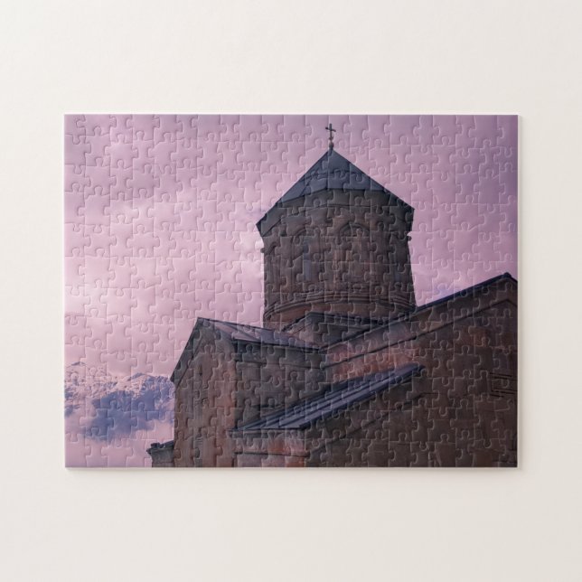 Kazbegi Georgia Gergeti Church Mountain Landscape Pussel (Horisontell)