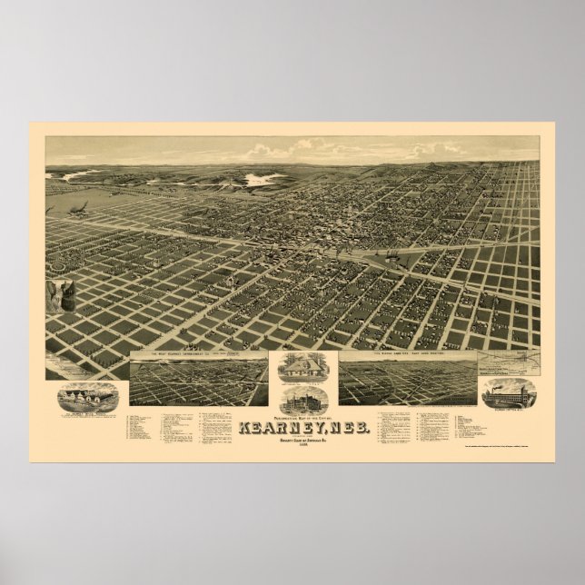 Kearney, NE Panoramic Karta - 1889 Poster (Framsidan)