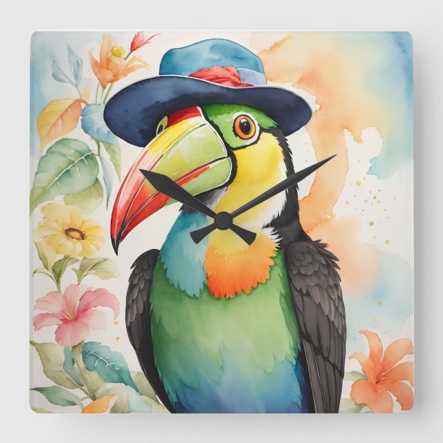 Keelnäbbad Toucan i Fedora Hat Fyrkantig Klocka (Framsida)