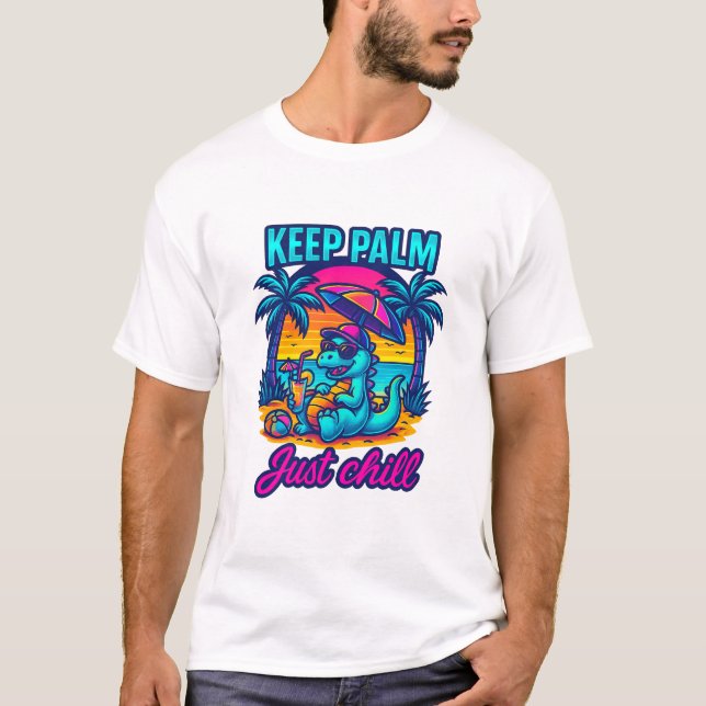 Keep Palm Just Chill – Neon Beach Dinosaur T Shirt (Framsida)
