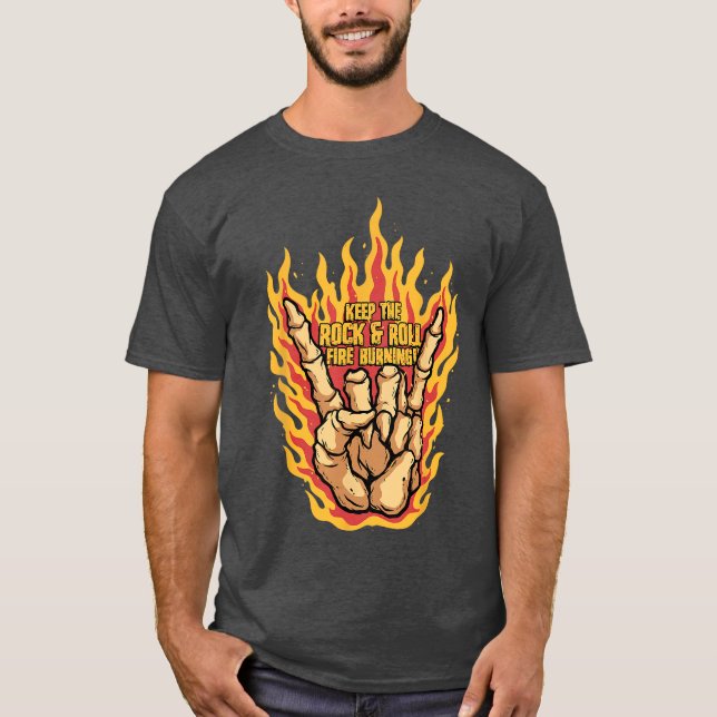 Keep the Rock and Roll Skeleton Hand Rock Sign Pun T Shirt (Framsida)