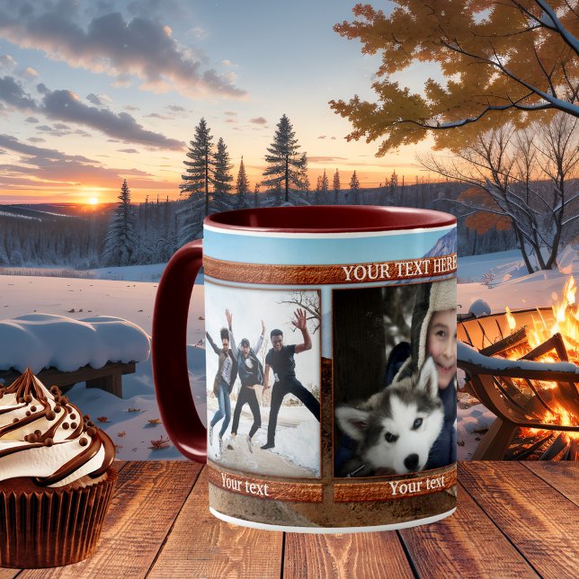 Keepsaké 3 Foton Winter Mountain Personlig mugg (Personalized photo mug featuring 3 of your own favorite photos on a mountain image background)