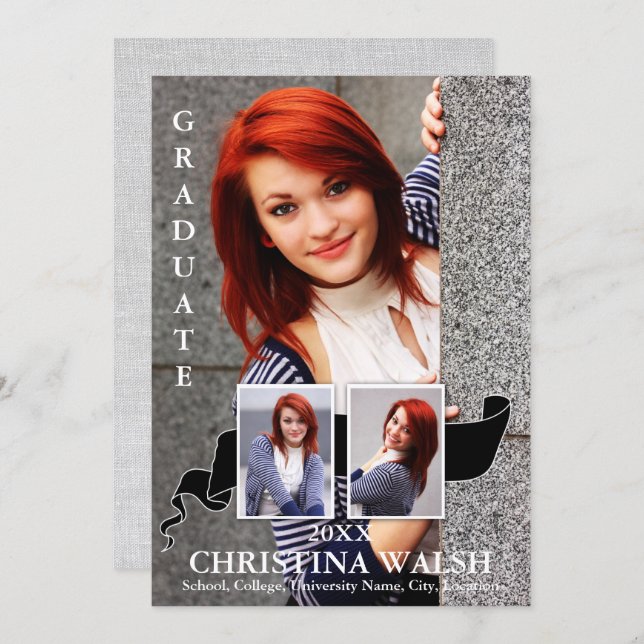 Keepsaké 3 Photo Black Ribbon Studenten Inbjudningar (Fram/baksida)